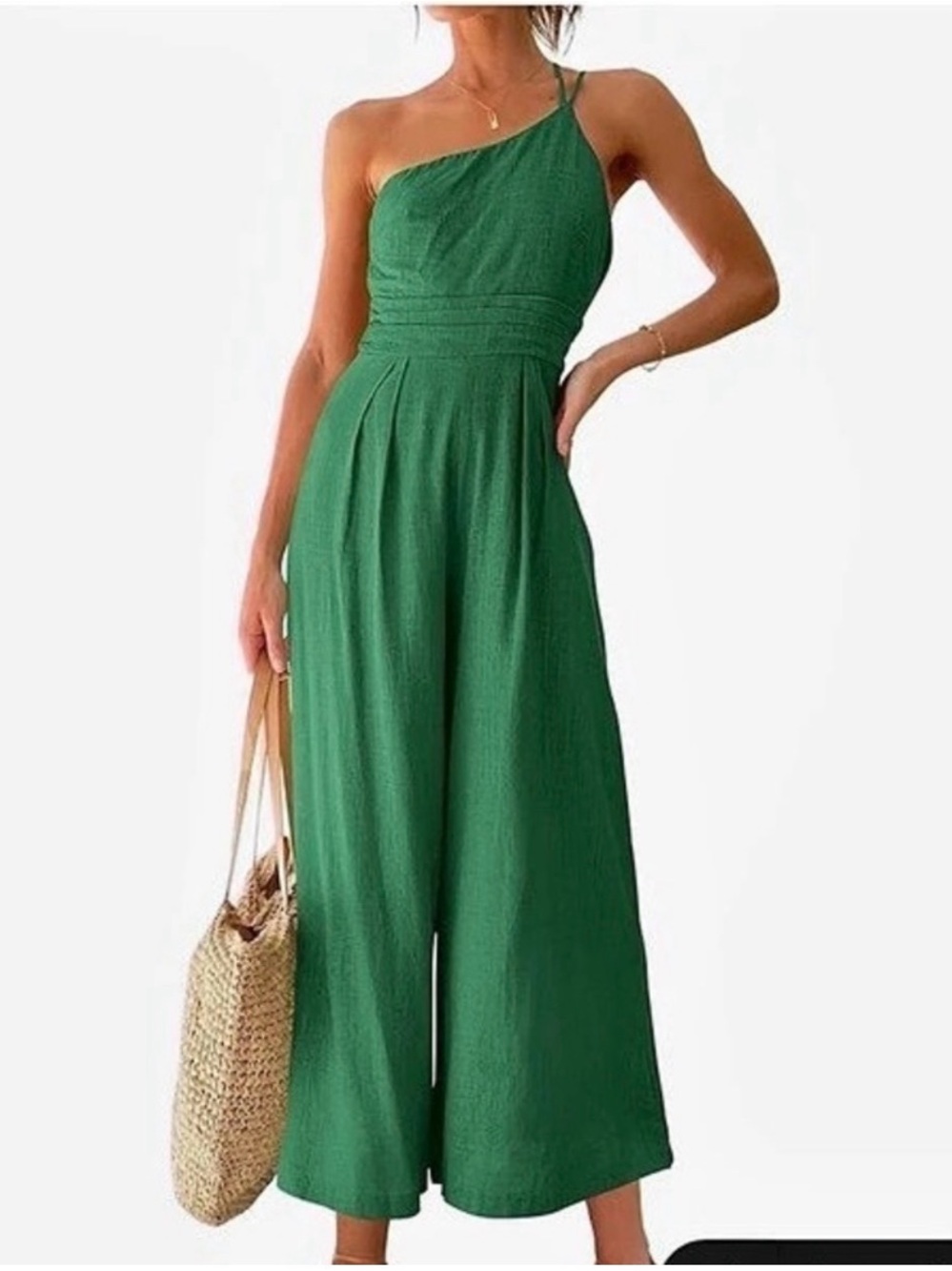 ANRABESS Linen Blend Wide Leg Jumpsuit Wide Leg in Green Size Medium